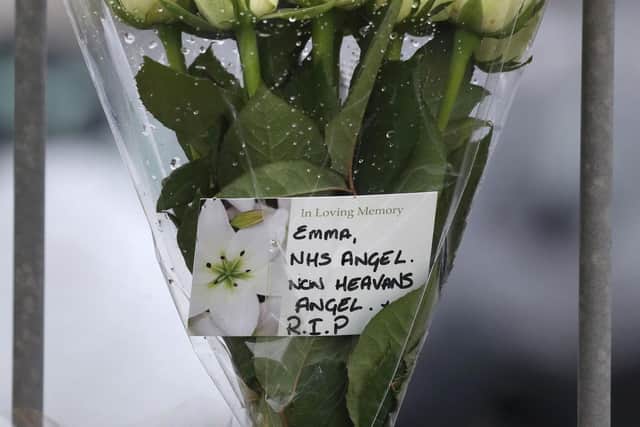 One note left with flowers read: "Emma, NHS angel, now Heaven's angel."