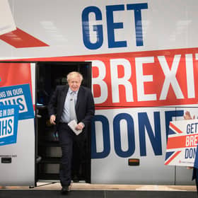 Prime Minister Boris Johnson at the unveiling of the Conservative Party battlebus during the 2019 general election