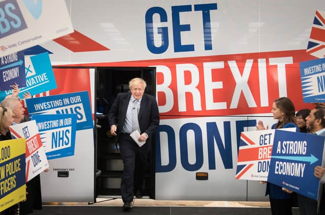 Prime Minister Boris Johnson at the unveiling of the Conservative Party battlebus during the 2019 general election