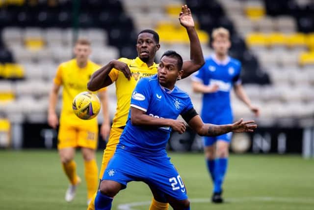 Rangers Alfredo Morelos and Marvin Bartley in action during the Scottish Premiership match between Livingston  and Rangers  at The Tony Macaroni Arena on August 16, 2020, in Edinburgh, Scotland.  
(Craig Williamson / SNS Group)