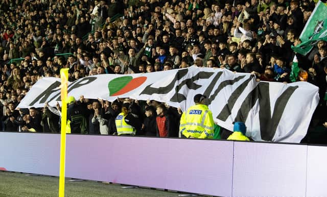 At a recent derby, Hibs fans paid tribute to a teenage Hearts fan who died last month.  (Photo by Ross Parker / SNS Group)