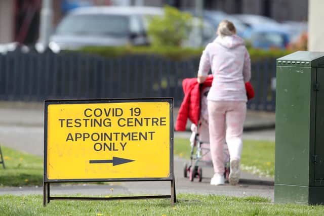 A sign at a COVID 19 testing centre in the car park of the Bowhouse Community Centre in Grangemouth.