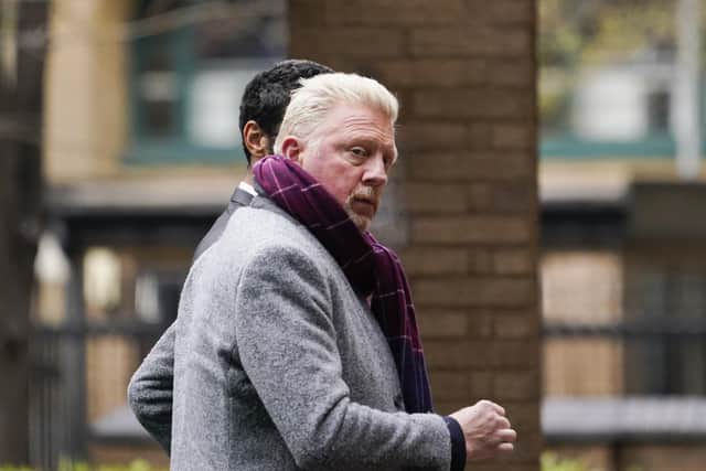 Former tennis player Boris Becker outside Southwark Crown Court, in London, Friday, April 8, 2022. Becker is on trial in London for allegedly concealing property â€” including nine trophies â€” from bankruptcy trustees and dodging his obligation to disclose financial information to settle his debts. (AP Photo/Alberto Pezzali)