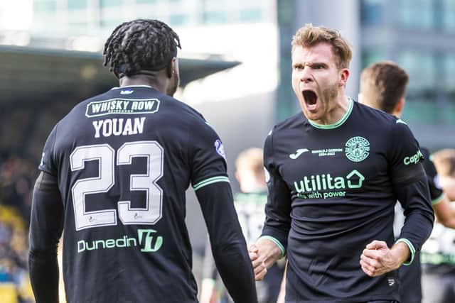Chris Cadden and Elie Youan celebrate at Livingston. (Photo by Roddy Scott / SNS Group)