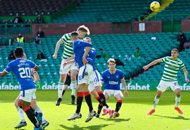 Celtic's Stephen Welsh (centre) has a headed chance during the 1-1 derby draw. (Photo by Rob Casey / SNS Group)