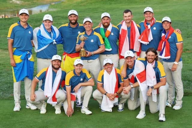 Captain Luke Donald and Team Europe pose with the Ryder Cup after their win over the US at Marco Simone Golf Club in Rome. Picture: Andrew Redington/Getty Images.