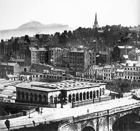 View looking southeast towards Waverley Station and North Bridge from the Scott Monument.