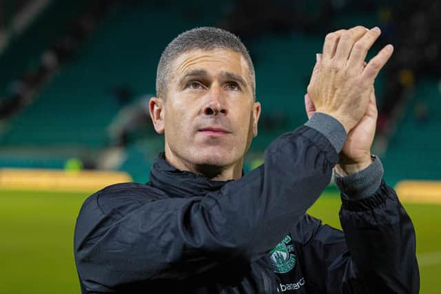 Hibs manager Nick Montgomery celebrates at full time after the Viaplay Cup quarter-final win over St Mirren at Easter Road. (Photo by Mark Scates / SNS Group)