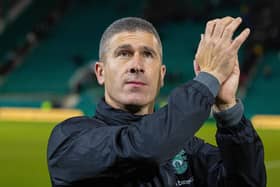 Hibs manager Nick Montgomery celebrates at full time after the Viaplay Cup quarter-final win over St Mirren at Easter Road.  (Photo by Mark Scates / SNS Group)