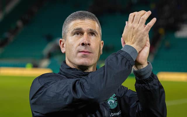 Hibs manager Nick Montgomery celebrates at full time after the Viaplay Cup quarter-final win over St Mirren at Easter Road. (Photo by Mark Scates / SNS Group)