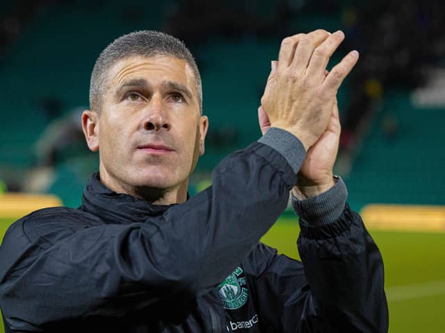 Hibs manager Nick Montgomery celebrates at full time after the Viaplay Cup quarter-final win over St Mirren at Easter Road.  (Photo by Mark Scates / SNS Group)