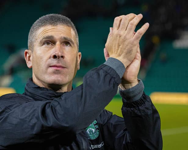 Hibs manager Nick Montgomery celebrates at full time after the Viaplay Cup quarter-final win over St Mirren at Easter Road.  (Photo by Mark Scates / SNS Group)