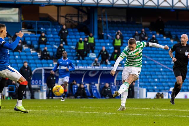 Celtic's Leigh Griffiths comes close during a dominant first half for Neil Lennon's men that gave way to a 1-0 derby loss. (Photo by Alan Harvey / SNS Group)