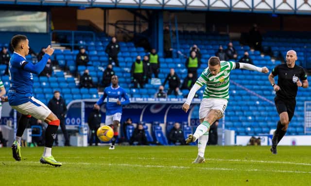 Celtic's Leigh Griffiths comes close during a dominant first half for Neil Lennon's men that gave way to a 1-0 derby loss. (Photo by Alan Harvey / SNS Group)