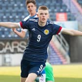 Rory Wilson celebrates his second goal against Czech Republic at the Falkirk Stadium, on March 23, 2022, in Falkirk, Scotland.  (Photo by Craig Foy / SNS Group)