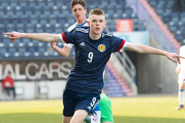 Rory Wilson celebrates his second goal against Czech Republic at the Falkirk Stadium, on March 23, 2022, in Falkirk, Scotland.  (Photo by Craig Foy / SNS Group)