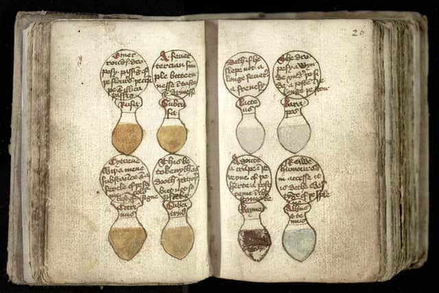 Drawings of urine flasks, illustrating the different colours of a patient's urine, with their ailments described in roundels above. Curious medieval cures, including a treatment for gout that involved baking an owl then grinding it into a powder, are to be shared with the public online by Cambridge University Library.