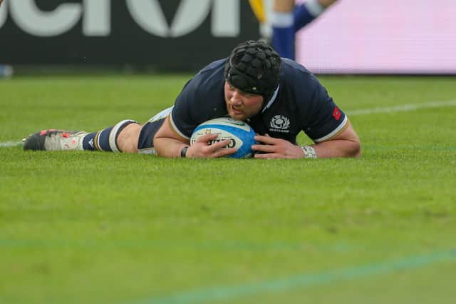 Scotland prop Zander Fagerson flops over for a try against Italy at Stadio Artemio Franchi. Picture: Giampiero Sposito/Getty Images