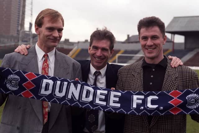 Simon Stainrod (far right) was unveiled at Dens Park on the same day as Jim Leighton (left) in February 1992. Iain Munro is the happy manager in the middle. Stainrod replaced him as manager within days.