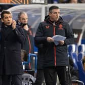 Rangers Manager Giovanni van Bronckhorst speaks with Nathan Patterson during a UEFA Europa League match between Rangers and Sparta Prague at Ibrox . (Photo by Alan Harvey / SNS Group)