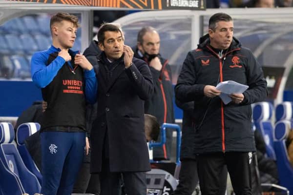 Rangers Manager Giovanni van Bronckhorst speaks with Nathan Patterson during a UEFA Europa League match between Rangers and Sparta Prague at Ibrox . (Photo by Alan Harvey / SNS Group)
