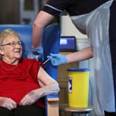 Resident Annie Innes, 90, receiving the Pfizer/BioNTech COVID-19 vaccine at the Abercorn House Care Home in Hamilton.