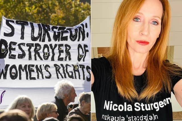 JK Rowling wore a T-shirt that said ‘Nicola Sturgeon, destroyer of women’s rights’.