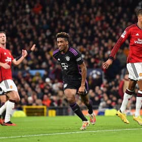 Kingsley Coman sprints off to celebrate as Bayern Munich put Manchester United to the sword.