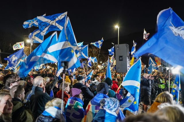 Scottish Independence supporters are seen at a demo outside Holyrood, the Scottish Parliament, on November 23, 2022 in Edinburgh, Scotland. Earlier today, the UK Supreme Court judges unanimously rejected the Scottish government's argument that it can hold a second independence referendum. (Photo by Peter Summers/Getty Images)