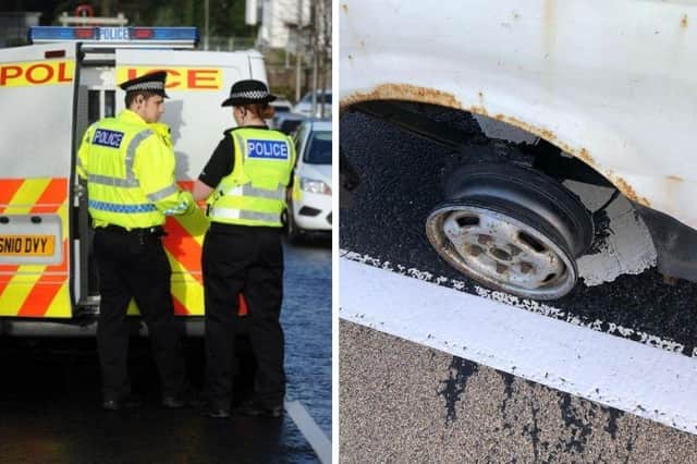 Police stunned as driver on the A9 is caught travelling in a vehicle with a missing tyre.