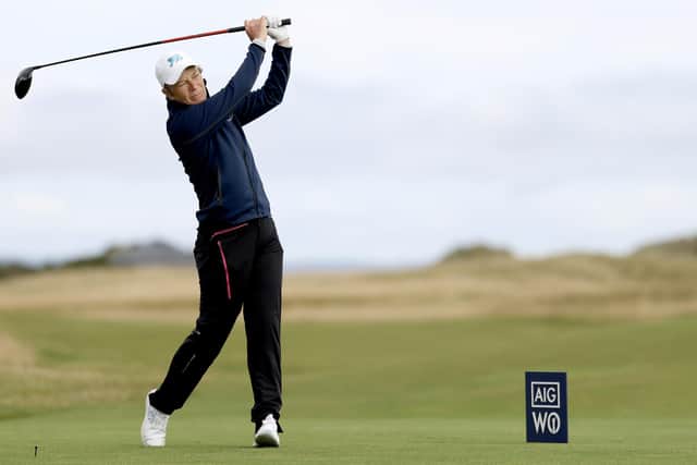 Catriona Matthew tees off on the 16th hole during day one of the AIG Women's Open at St Andrews. Picture: Luke Walker/Getty Images.
