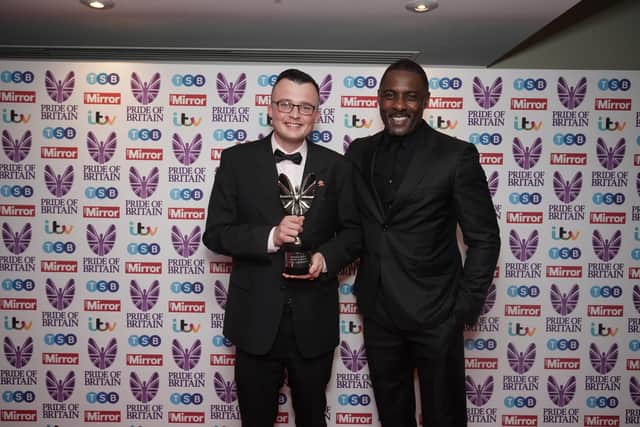 Alex Anderson with his Prince's Trust Young Achiever award, presented by Idris Elba at the Pride of Britain Awards held at the Grosvenor House Hotel, London.