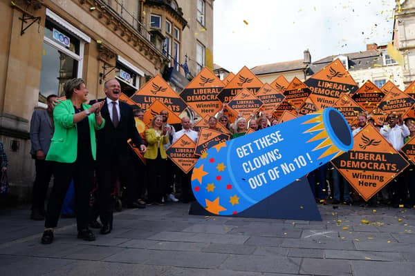 Newly elected Liberal Democrat MP Sarah Dyke with party leader Sir Ed Davey in Frome, Somerset, after winning the Somerton and Frome by-election (Picture: Ben Birchall/PA)