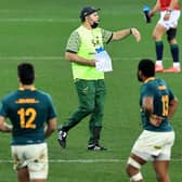 Rassie Erasmus, South Africa's director of rugby, acts as a water carrier as he issues instructions to the Springboks during the first Test against the British & Irish Lions. David Rogers/Getty Images