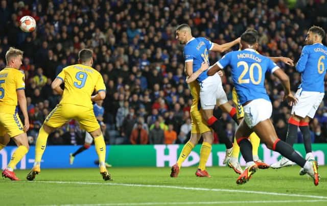 Leon Balogun opens the scoring for Rangers against Brondby at Ibrox but the defender had to limp off later in the match with a hamstring issue. (Photo by Craig Williamson / SNS Group)