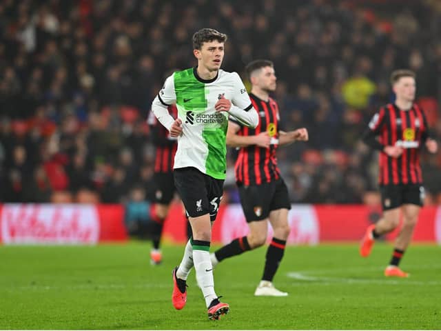 Owen Beck during his Liverpool debut in the Premier League match against Bournemouth on January 21, 2024. Pic: Graham Hunt/ProSports/Shutterstock