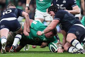 Scotland put in a huge defensive effort against Ireland and were able to deny Tadhg Furlong on this occasion.  (Picture: Liam McBurney/PA)