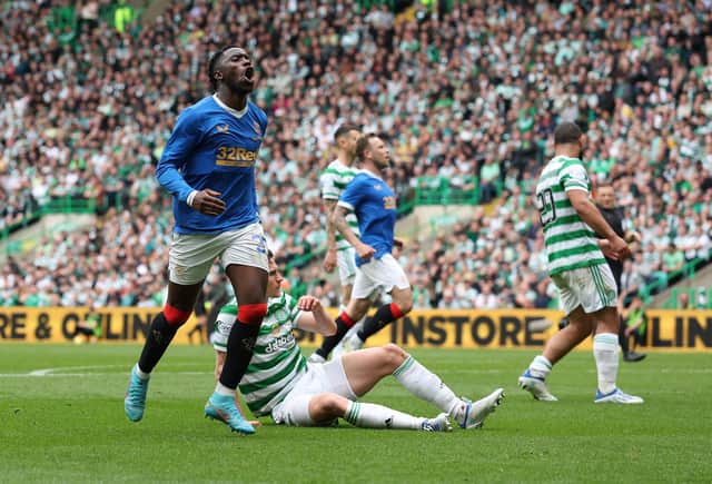 Fashion Sakala shows his frustration after missing the chance to put Rangers 2-1 ahead at Celtic Park on Sunday. (Photo by Ian MacNicol/Getty Images)