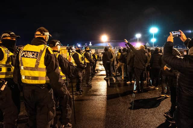 Police with protesting Celtic fans after the Scottish Premiership match between Celtic and St Johnstone. Picture: SNS