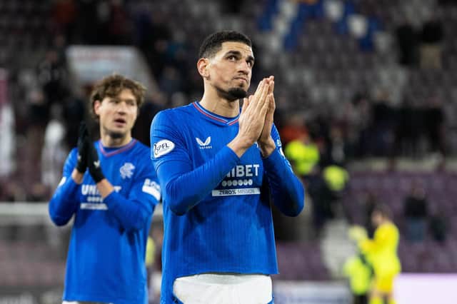 Rangers defender Leon Balogun applauds the travelling fans after the 1-0 win over Hearts at Tynecastle. (Photo by Alan Harvey / SNS Group)