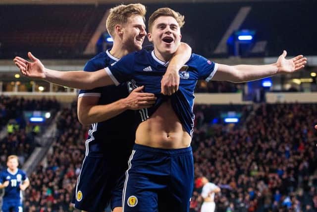 Scotland's James Forrest celebrates the second of his 2018 hat-trick