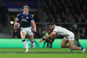 Duhan van der Merwe powers past Joe Marchant to score his first try in the Six Nations triumph over England at Twickenham.
