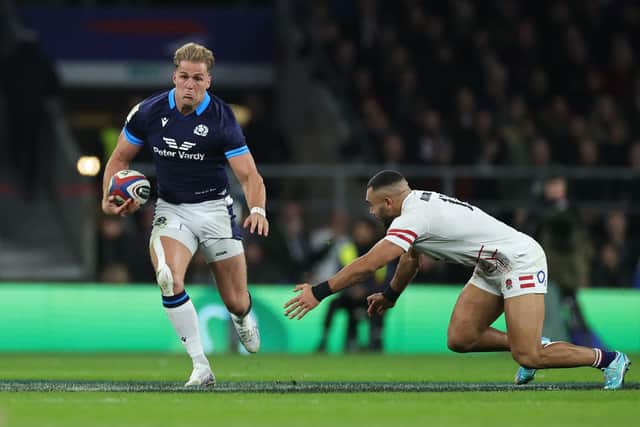 Duhan van der Merwe powers past Joe Marchant to score his first try in the Six Nations triumph over England at Twickenham.