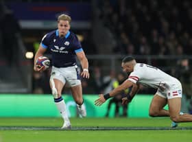 Duhan van der Merwe powers past Joe Marchant to score his first try in the Six Nations triumph over England at Twickenham.