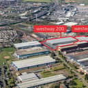 An aerial image showing where the two new buildings, Westway 90 and Westway 200, will be located at the existing industrial park next to Glasgow Airport.