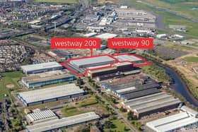 An aerial image showing where the two new buildings, Westway 90 and Westway 200, will be located at the existing industrial park next to Glasgow Airport.