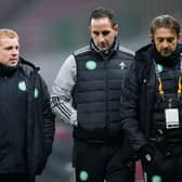 Celtic assistant John Kennedy (centre) insists the club's management team of manager Neil Lennon (left), and coach Gavin Strachan have not skimped on working hard on the team's defensive structure at their Lennoxtown training ground as former player Pat Bonner has suggested. (Photo by Giuseppe Maffia / SNS Group)