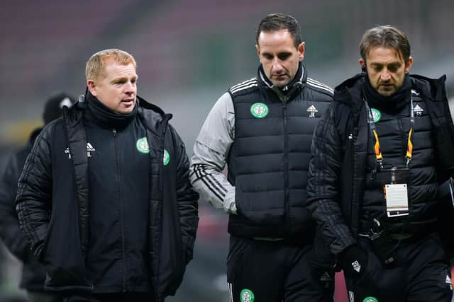 Celtic assistant John Kennedy (centre) insists the club's management team of manager Neil Lennon (left), and coach Gavin Strachan have not skimped on working hard on the team's defensive structure at their Lennoxtown training ground as former player Pat Bonner has suggested. (Photo by Giuseppe Maffia / SNS Group)