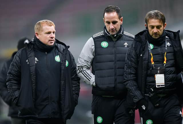 Celtic assistant John Kennedy (centre) insists the club's management team of manager Neil Lennon (left), and coach Gavin Strachan have not skimped on working hard on the team's defensive structure at their Lennoxtown training ground as former player Pat Bonner has suggested. (Photo by Giuseppe Maffia / SNS Group)