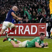 Ireland's Dan Sheehan scores their side's fourth try in the win over France Pic: Andrew Matthews/PA Wire.